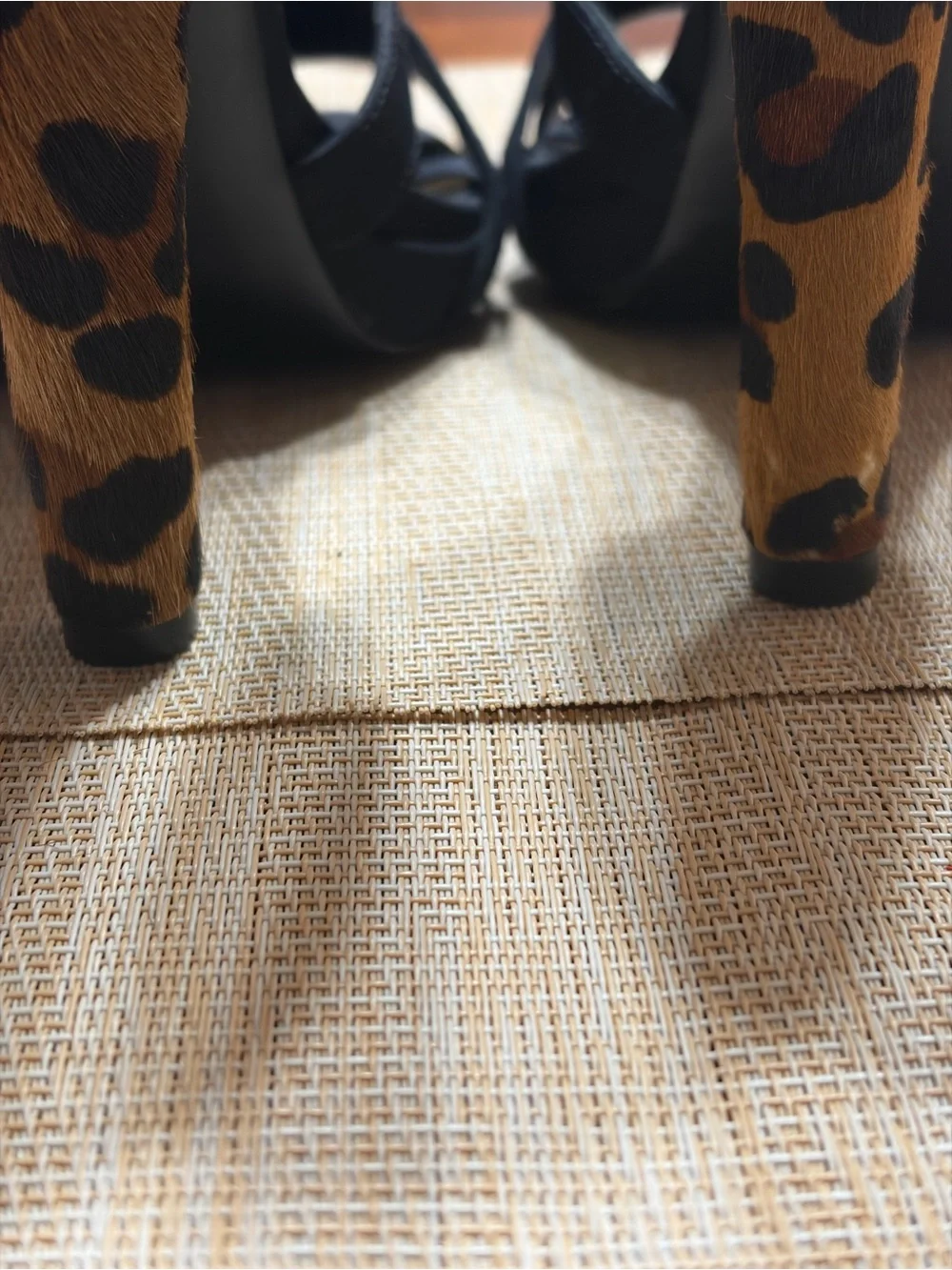 Tory Burch Black Sandals with Leopard Heel Accent